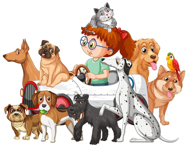 A girl driving a car toy with many dogs
