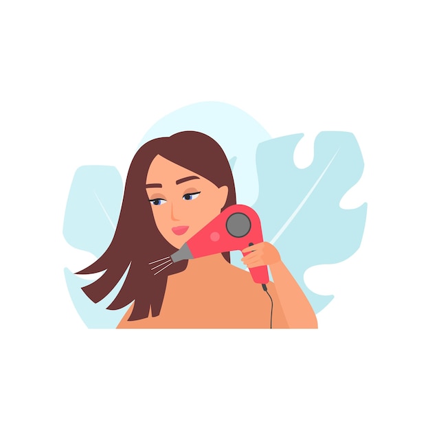 Girl drying long brown hair with hairdryer after shampooing