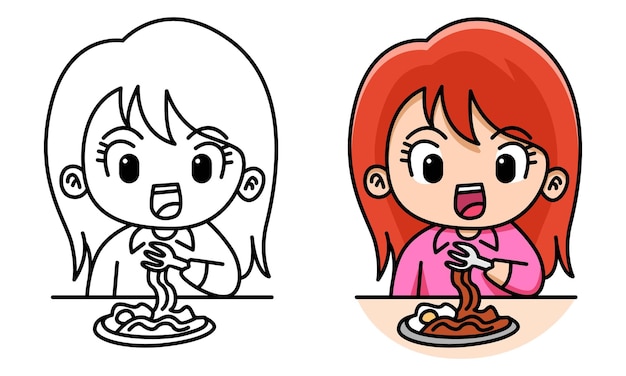女の子は子供のためのページを着色麺を食べる