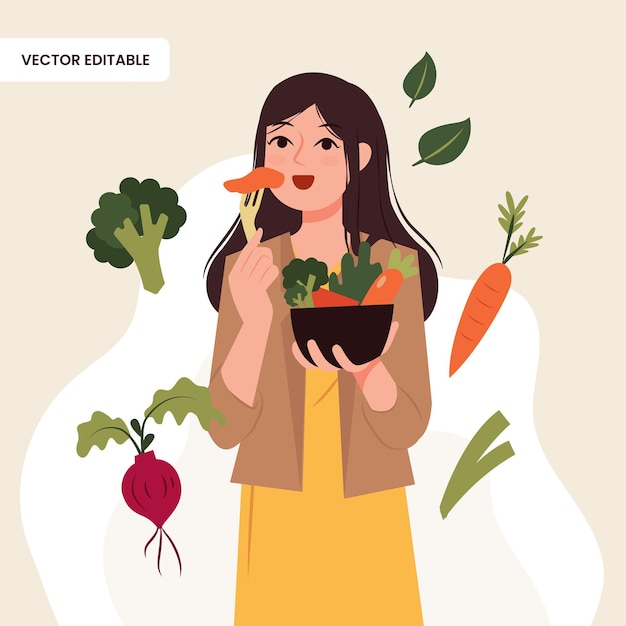 벡터 편집 가능한 평면 그림 디자인에서 야채 한 그릇을 먹는 소녀