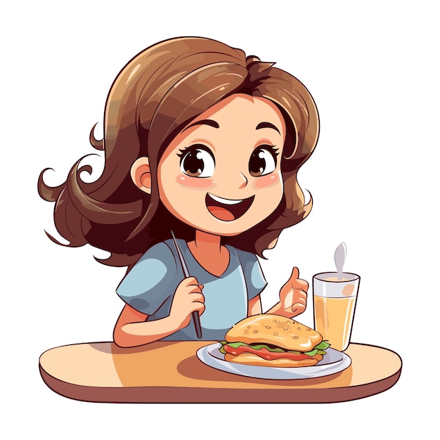 Vector girl eating at the canteen dining table cartoon illustration