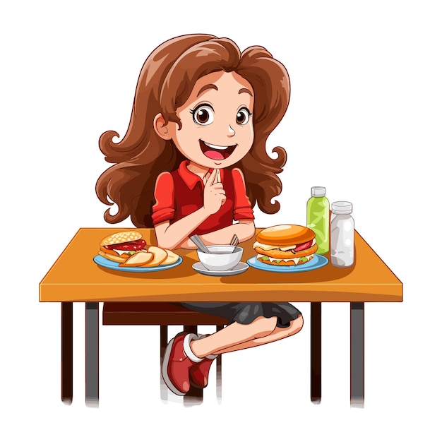 Girl Eating at the Canteen Dining Table Cartoon Illustration