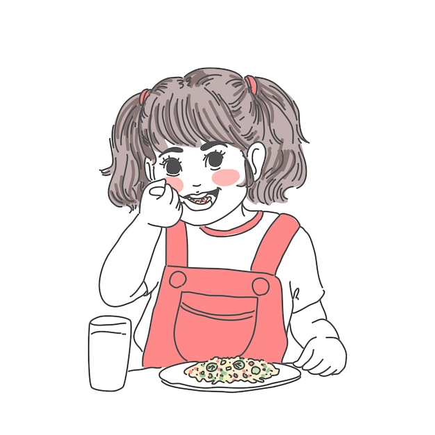 ベクトル 昼食スケッチイラストを食べる少女