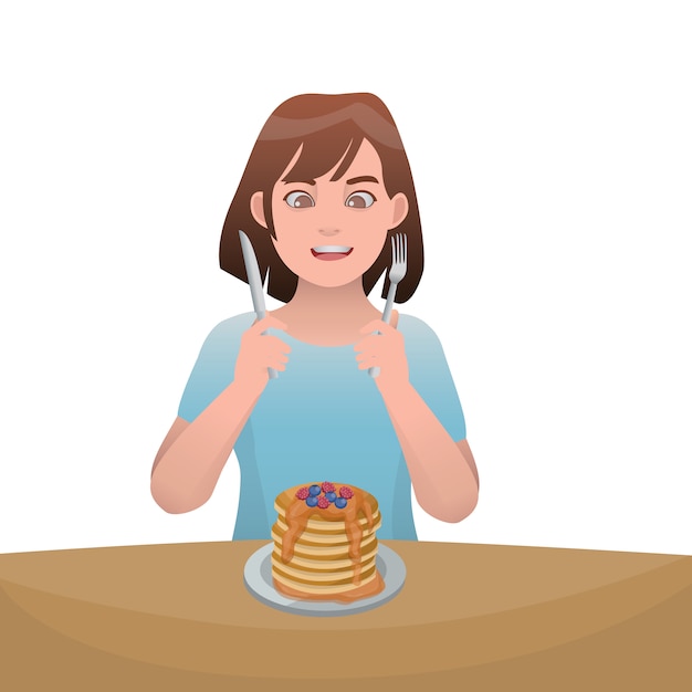 Vector girl eating pancake illustration