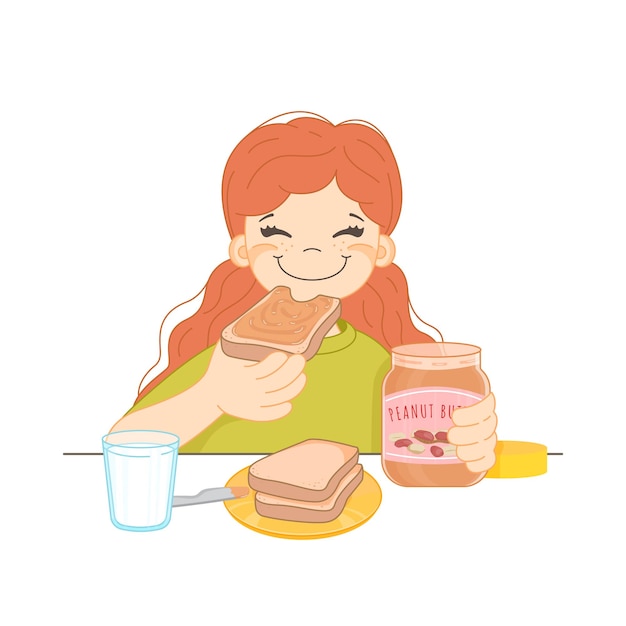 Девушка с большим удовольствием ест бутерброд с арахисовым маслом