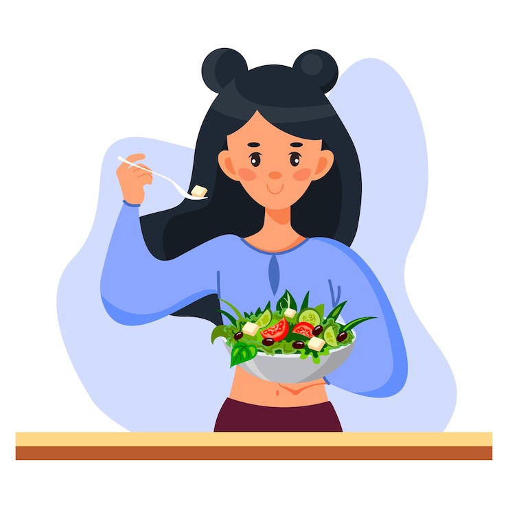 Vector the girl eats a salad