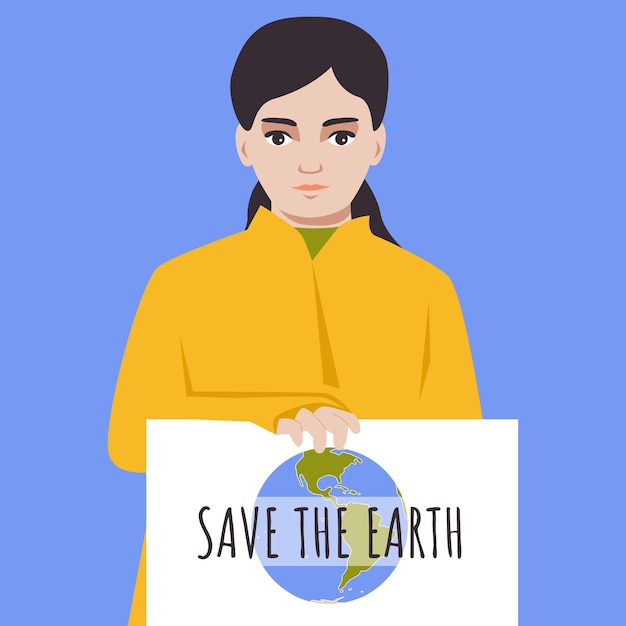 Girl eco activist holds poster Save the earth female in yellow coat protest agains global warming