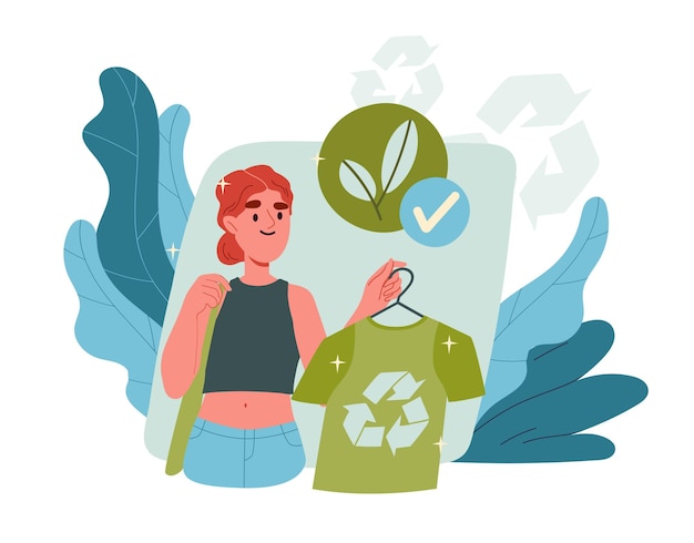 Vector girl and ecological clothes concept woman with green tshirt with recycling sign reuse and zero waste