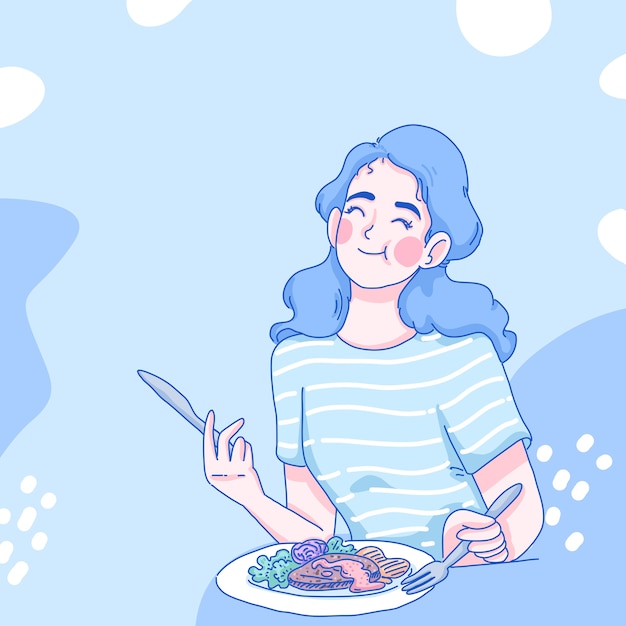 A girl enjoy with her breakfast. cartoon illustration design