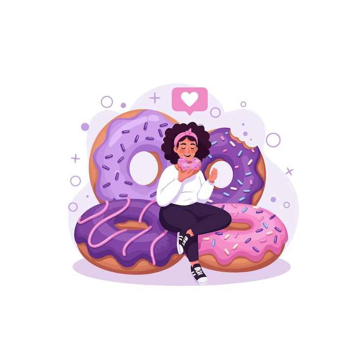Vector girl enjoying delicious donuts illustration