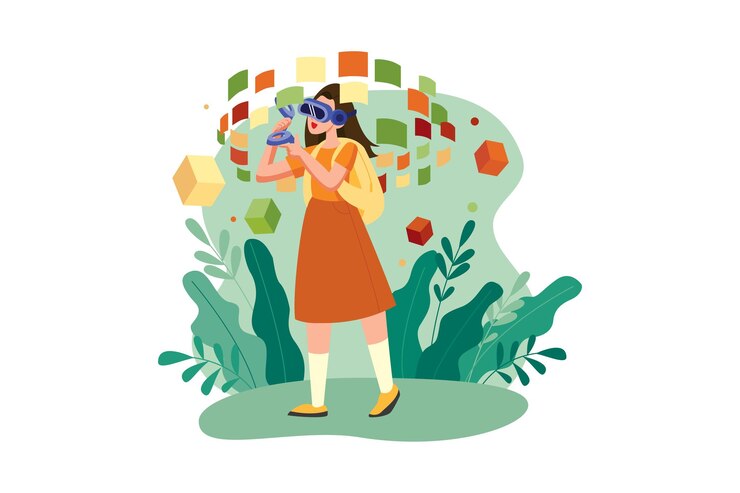 Vector girl enjoying study using vr tech