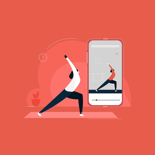 Vector girl exercising with online yoga trainer in mobile phone at home