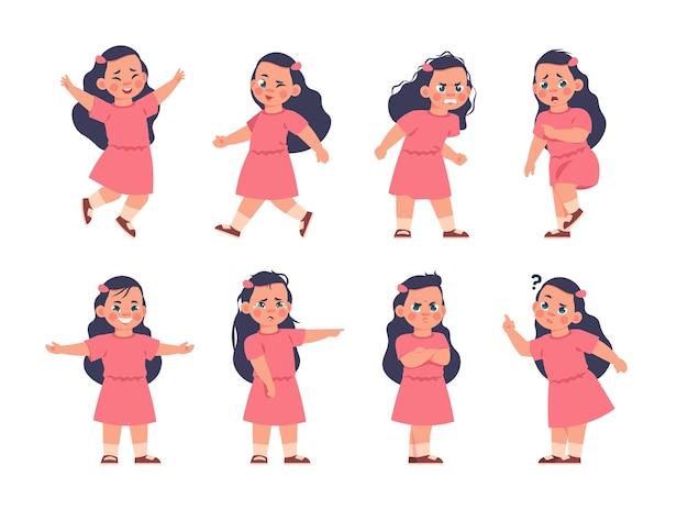 Girl expressions Cartoon kid with different types of emotions smile or sad crying and happy child Isolated baby waving hands walking and jumping Vector poses and gestures set