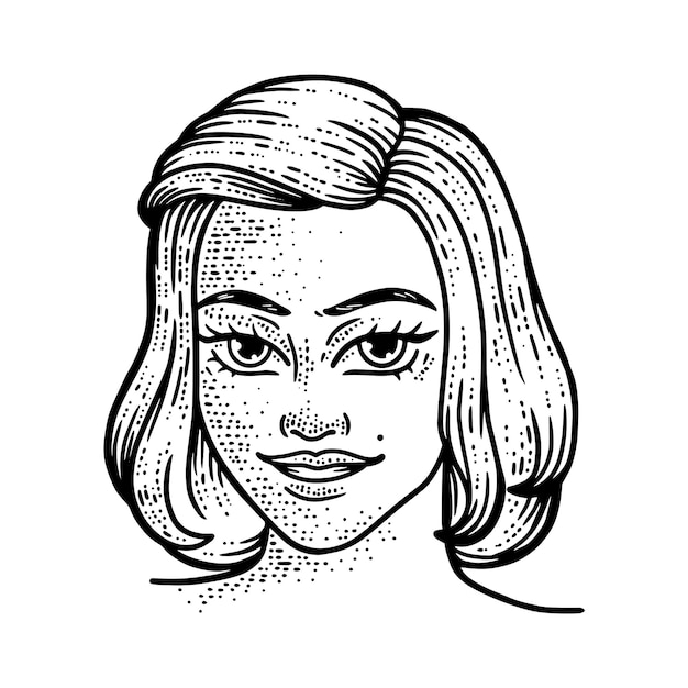 Girl face bob haircut line art sketch picture hand drawn