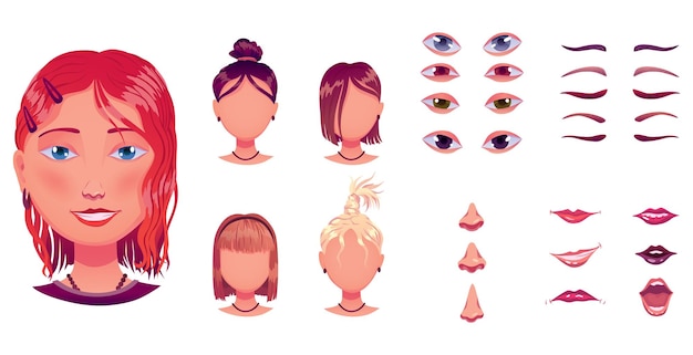 Ragazza faccia costruzione avatar creazione con diverse parti della testa vector cartoon set di giovane donna o occhi femminili nasi sopracciglia e labbra head pack per generatore di faccia isolato su priorità bassa bianca