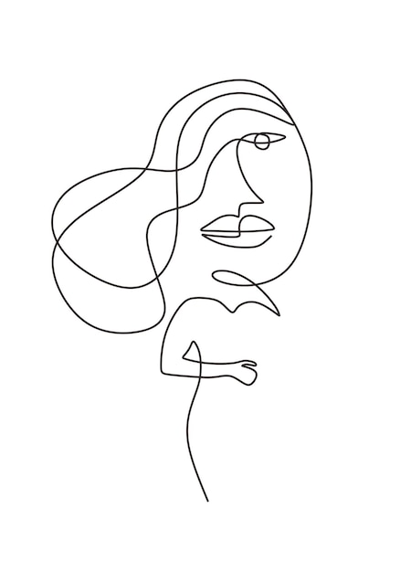 Girl face one line drawing art portrait of beauty woman standing with big head and calm