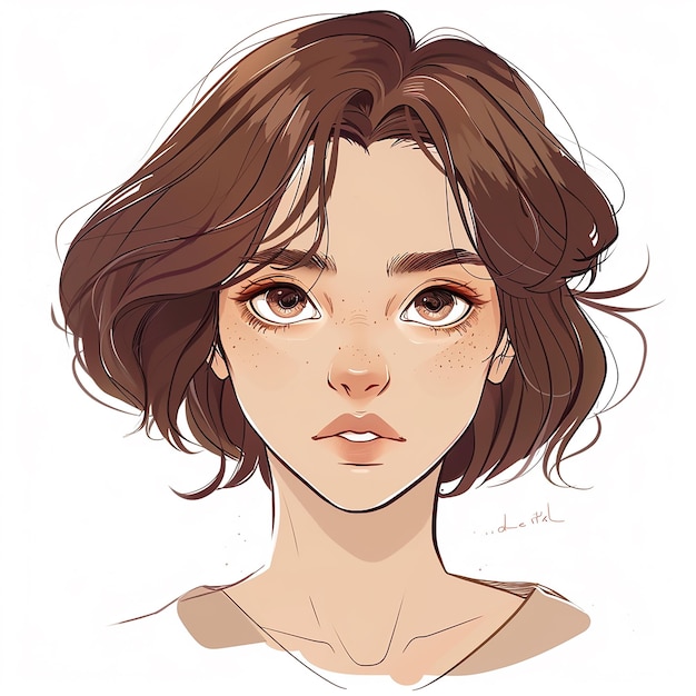 Girl face short brown hair simple cartoon style