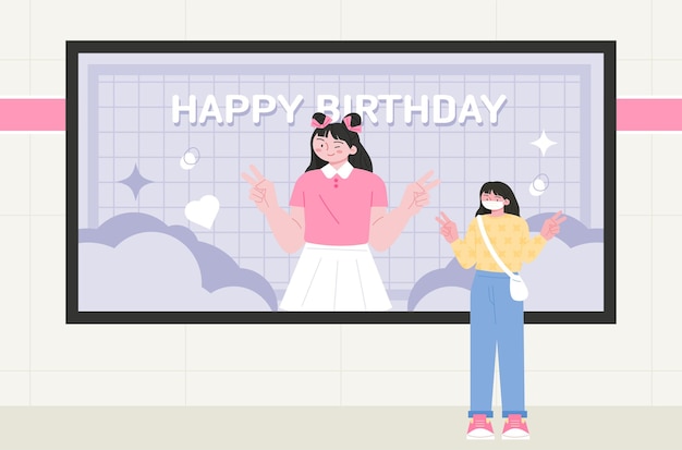 スターの誕生日ポスターの前でポーズをとる少女ファン 韓国のアイドル文化 地下鉄のハッピーバースデー広告