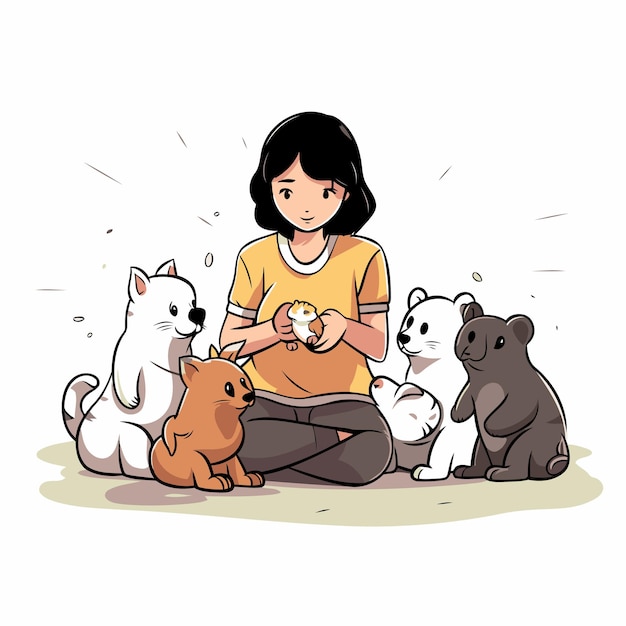 Girl feeding dogs Vector illustration of a little girl feeding dogs