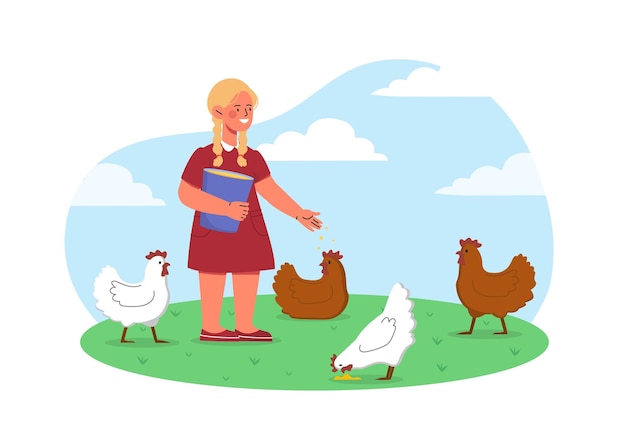 Vettore ragazza nutre i polli concetto bambino con cibo per le galline allevamento e l'agricoltura allevamento con domestici
