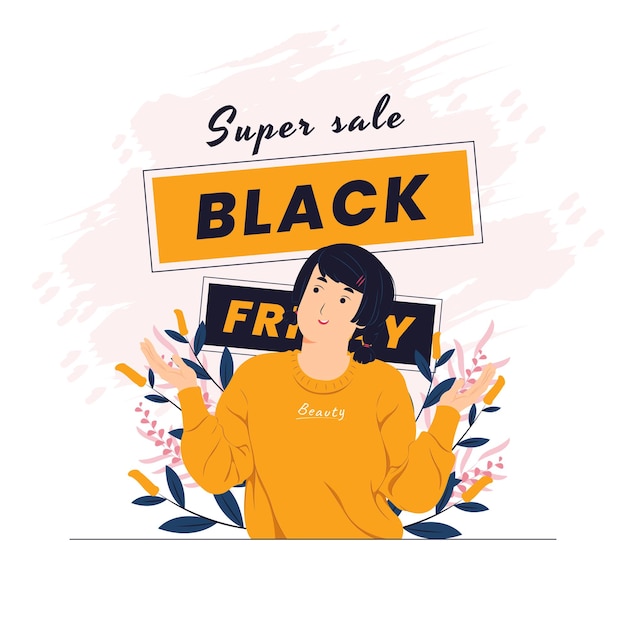 A girl feeling happy and pointing on Black friday concept illustration