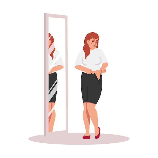 Girl not fitting in dress semi flat illustration