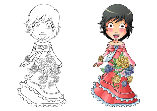 Girl in flower dress cartoon coloring page for kids