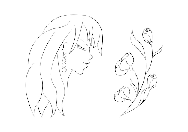 Girl and flowers in line art style Vector illustration