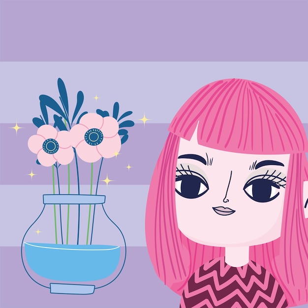 Vector girl and flowers in a vase