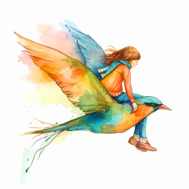 Vector girl flying on the back of a bird watercolor paint