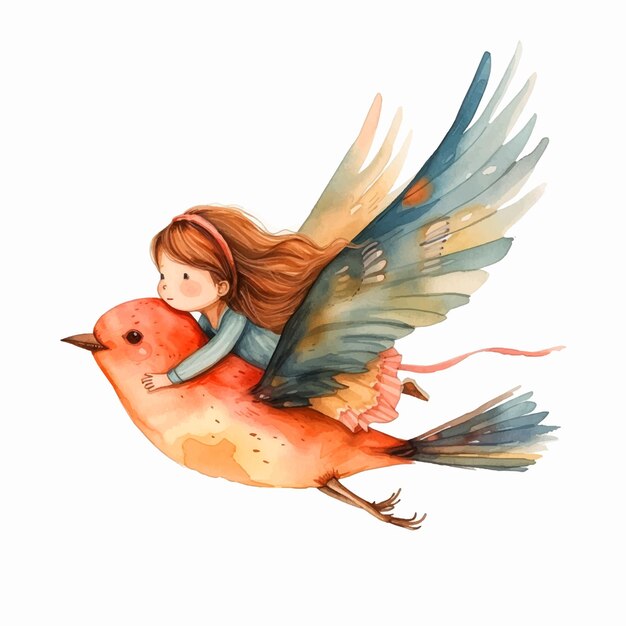 Vector girl flying on the back of a bird watercolor paint