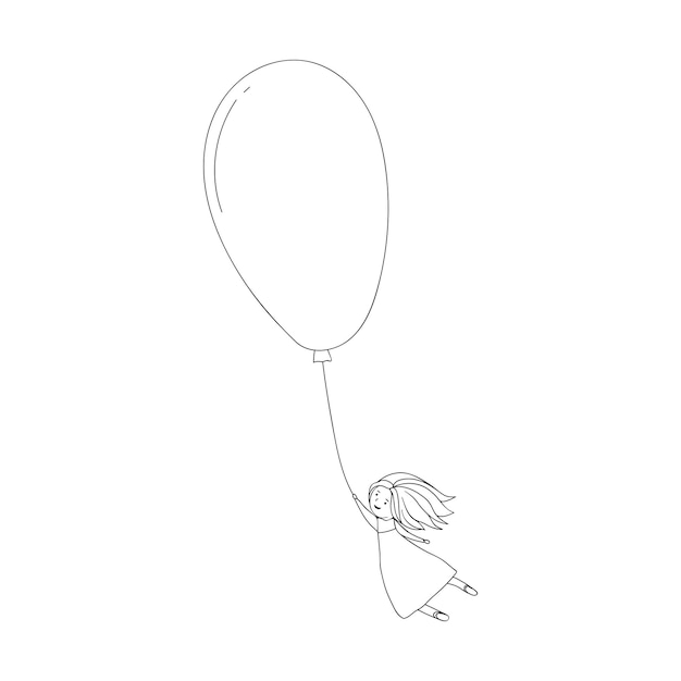 Girl flying in a hot air balloon icon Line drawing about childhood child protection toys and gifts