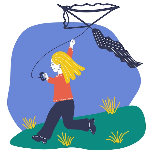 Vector a girl flying a kite outdoors