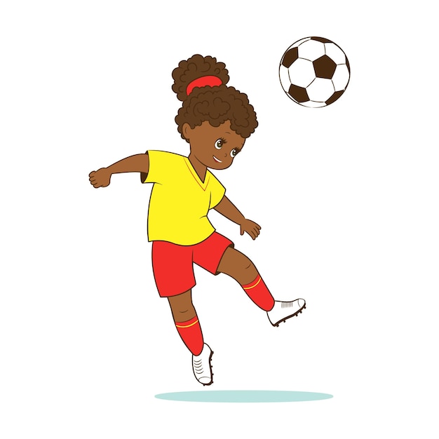女の子のサッカー選手は頭でサッカーボールを打ちます。漫画スタイルのベクトル、コミックフラット