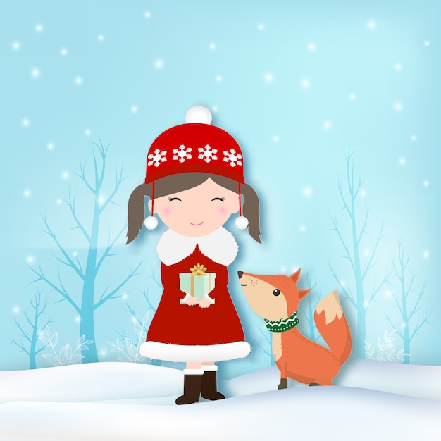 Ragazza e fox con l'illustrazione della neve