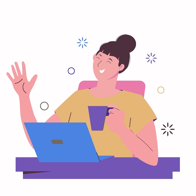 Girl freelancer works at a laptop and drinks from a mug. Online education and chat with friends.