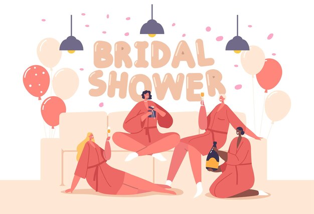 Vector girl friends characters gather to honor the bridetobe with a joyful bridal shower filled with games gifts and love as she prepares for her special day cartoon people vector illustration