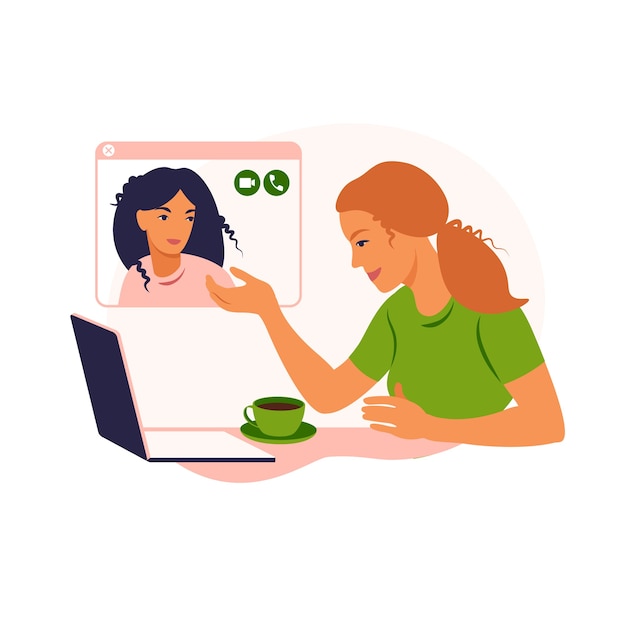 Girl friends chat online. Girl sitting in a chair in front of a laptop and speaks with friend. Video conference, online chat concept. Working or online meeting from home.