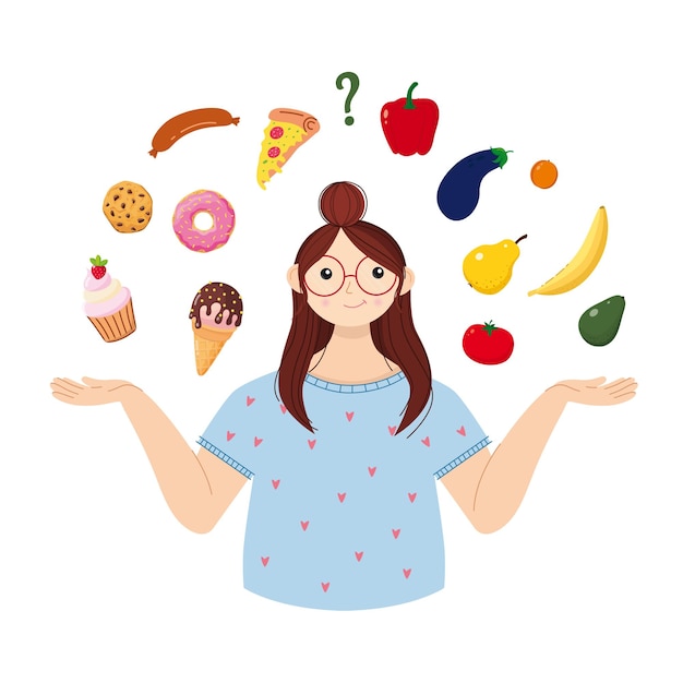 Vector girl in front of a choice healthy food or fast food