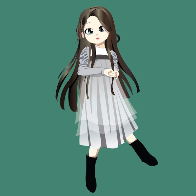 Vector girl full greyish outfit concept with innocent look long hair and dress