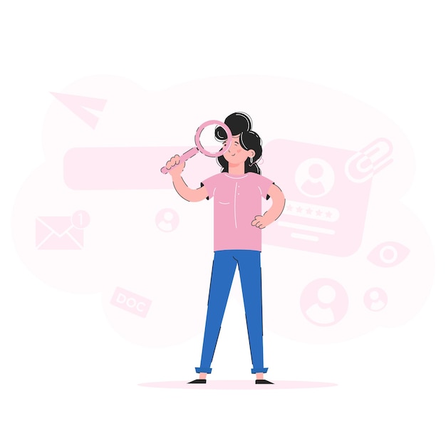 Vector girl in full growth holds a magnifying glass trend illustration good for apps presentations and websites vector