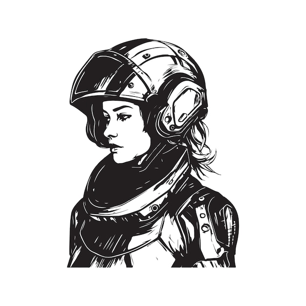 Girl in futuristic armor with helmet vintage logo line art concept black and white color hand drawn illustration