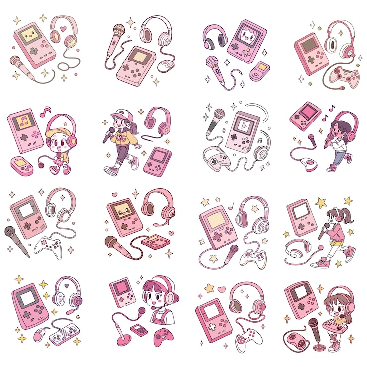 Vector 女孩遊戲可愛玩家貼紙y2k kawaii為視頻或tamagotchi時尚粉紅色控制台