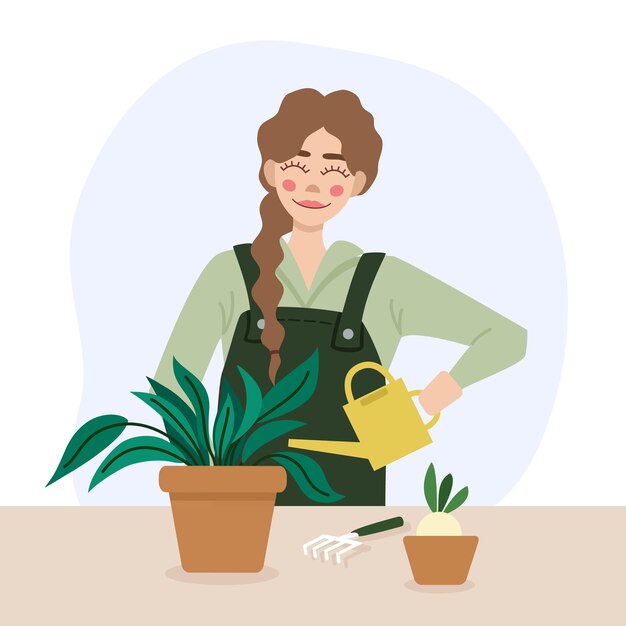 Girl gardener watering plants in a pot in a flat style Gardening Hobby Gardening Tools Vector il