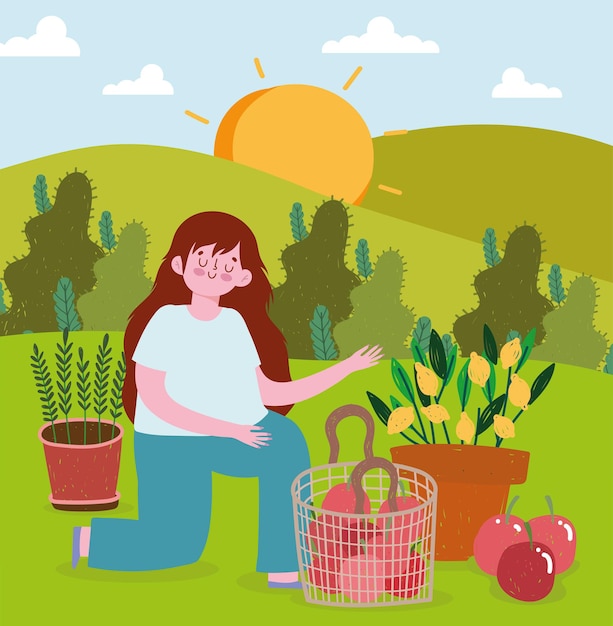 Vector girl gardening plants