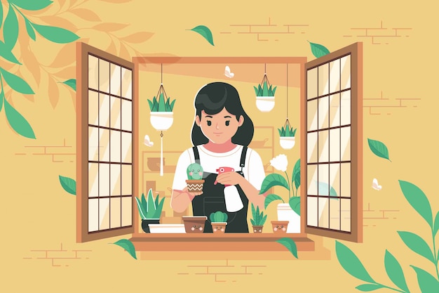 Una ragazza che fa il giardinaggio nei precedenti dell'illustrazione della finestra