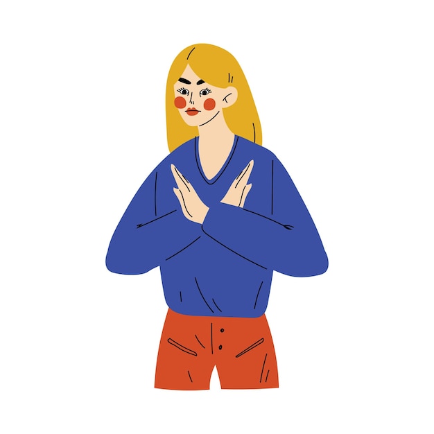 girl gesturing with crossed arms saying no young woman doing negative gesture vector illustration