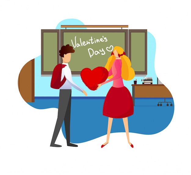 Vector girl give red heart to boy friend in classroom.