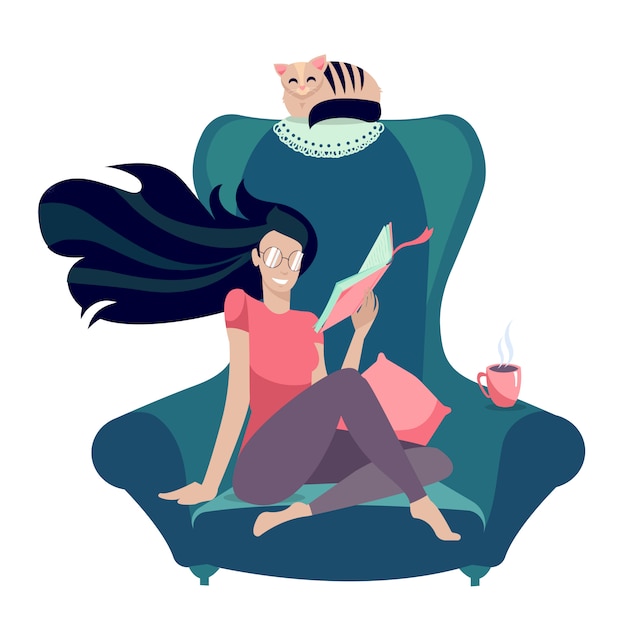 Vector girl in glasses reading a book in armchair with cat.intellectual hobby with female reader.