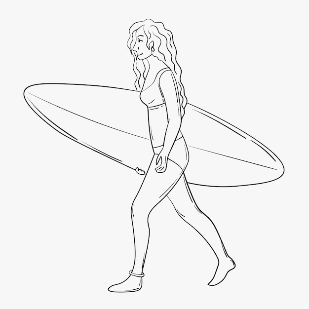 소녀는 서핑 보드를 타고 간다